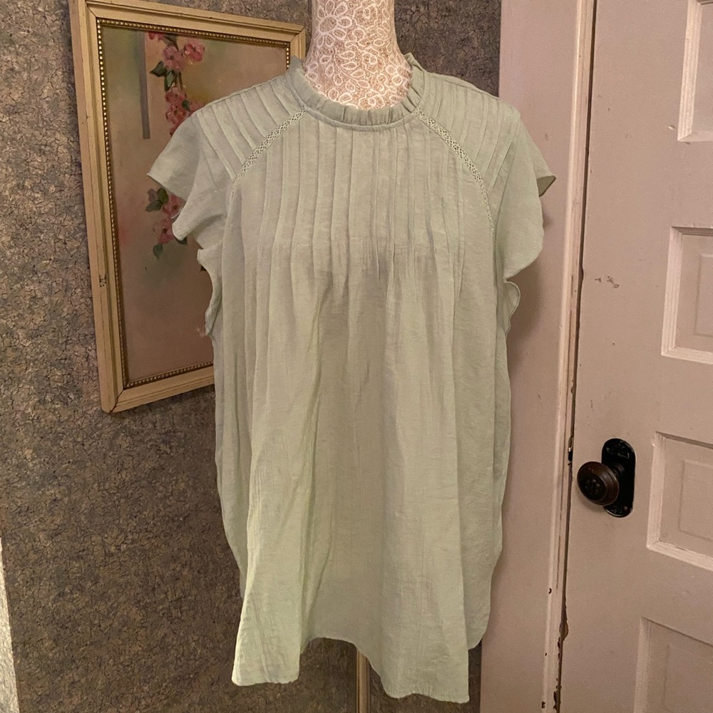 Nanette Lepore Flutter Sleeve Pintuck Top Sz XL Aloe Green light Gauze